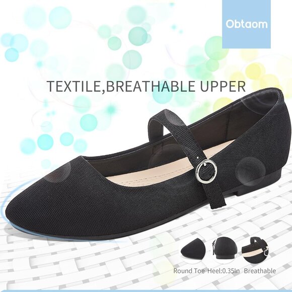 Obtaom Women Black Polyester Round Toe Comfortable Classic Strap Ballet Flat - Picture 3 of 7